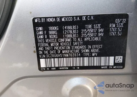 2022 Honda Hr-V Awd Ex z USA, uszkodzony, nr VIN 3CZRU6H51NM763934